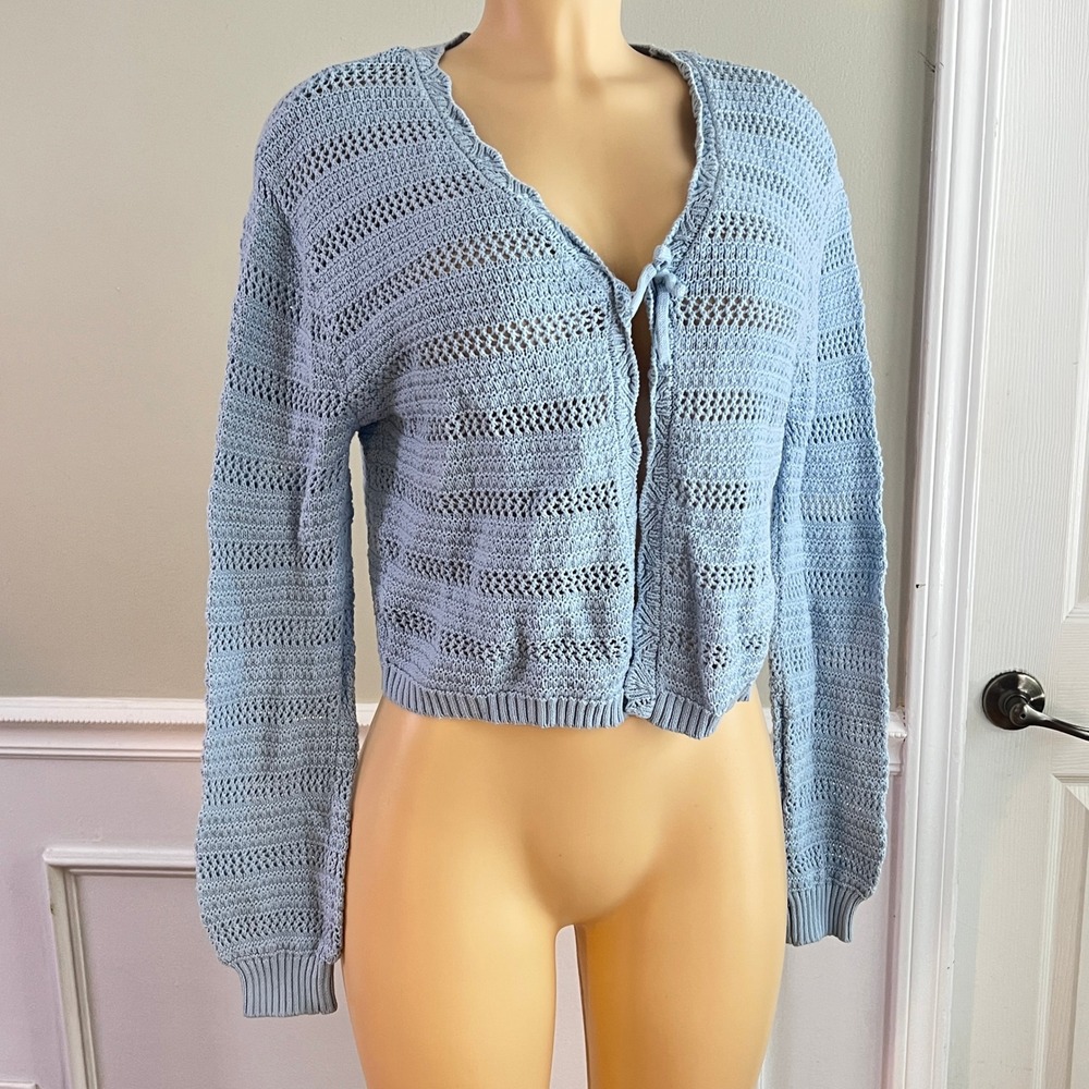 Cropped Cardigan XS‎ Womens Pointelle Tie Front Light Blue Boho Shrug